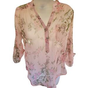 Wet Seal Sheer Pink Floral Blouse V neck Button up 3/4 Sleeve Sz S